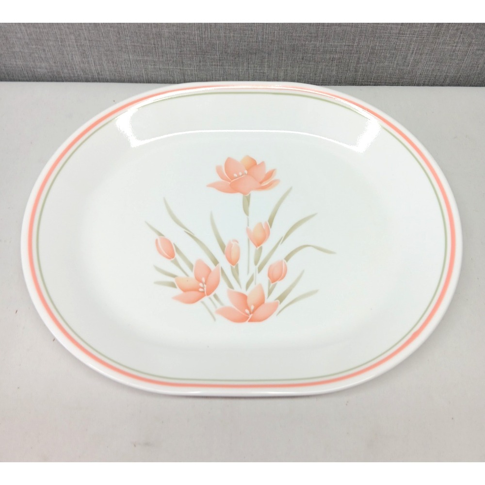 Corelle Peach Floral‎ Oval Serving Platter 12" Peach Green White Vintage 80s 90s